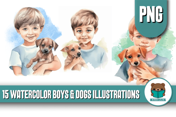 Adorable Watercolor Art: Little Boys & Their Dogs Illustrations